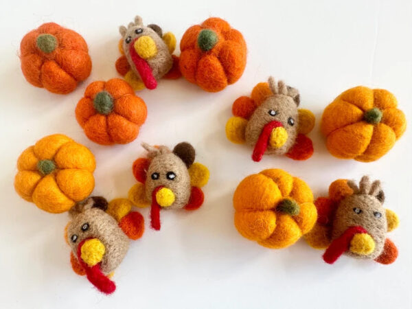 Felt Pumpkin and/or Turkey Toys - Needle Felted Fall Toy - Sold Individually Thanksgiving Montessori Play Cat Nip Playtime - Catnip Kicker